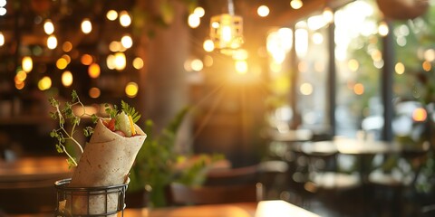 Neon lights at the rear of a cosy bistro with a scrumptious Mexican burrito and fresh vegetables toppings, Generative AI.