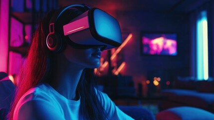 Young Woman Immersed in Virtual Reality Experience at Home
