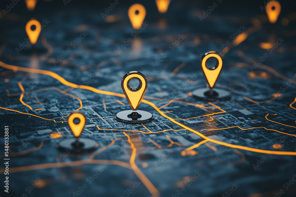 Poster illuminated location markers on a detailed city map showing routes and pathways