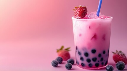 Refreshing Pink Bubble Tea with Fresh Strawberries and Boba Pearls on Soft Gradient Background