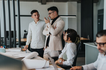 A multiracial team of business colleagues engage in a brainstorming session, discussing documents and analyzing ideas for a project in a modern office setting.