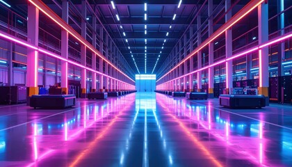 Fototapeta premium Futuristic Warehouse Interior with Neon Lights and Reflection