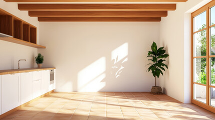 Fototapeta premium Cozy and rustic kitchen interior with wooden beams, bright sunlight, and potted plant. space is inviting and warm, perfect for gatherings