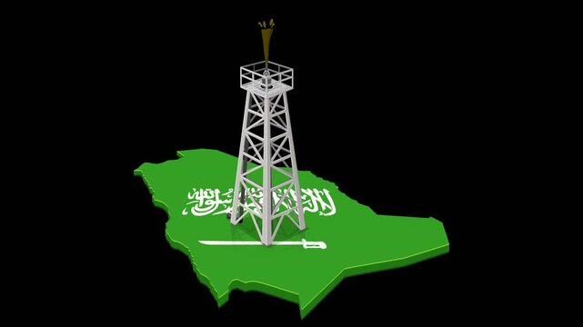 Looping animation of a metallic oil well with hydrocarbon geyser coming out of the wellhead placed on the map of Saudi Arabia in colors of Saudi flag with green screen background with alpha channel