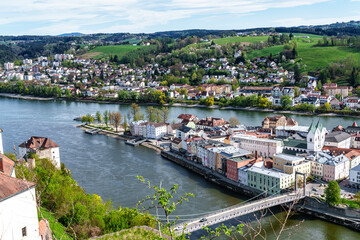 Confluence of rivers Inn, Danube and Ilz in Passau, Bavaria, Germany. The City of Three Rivers