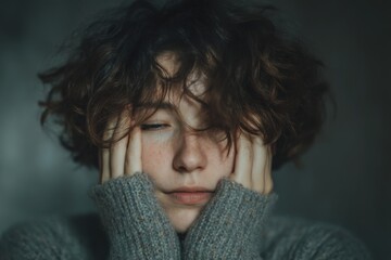 Close-up of a Thoughtful Woman in a Gray Sweater with Hands Resting on Face and Eyes Closed