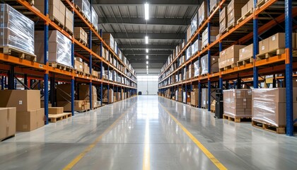 Spacious Warehouse Interior with Shelving Units and Pallet Boxes
