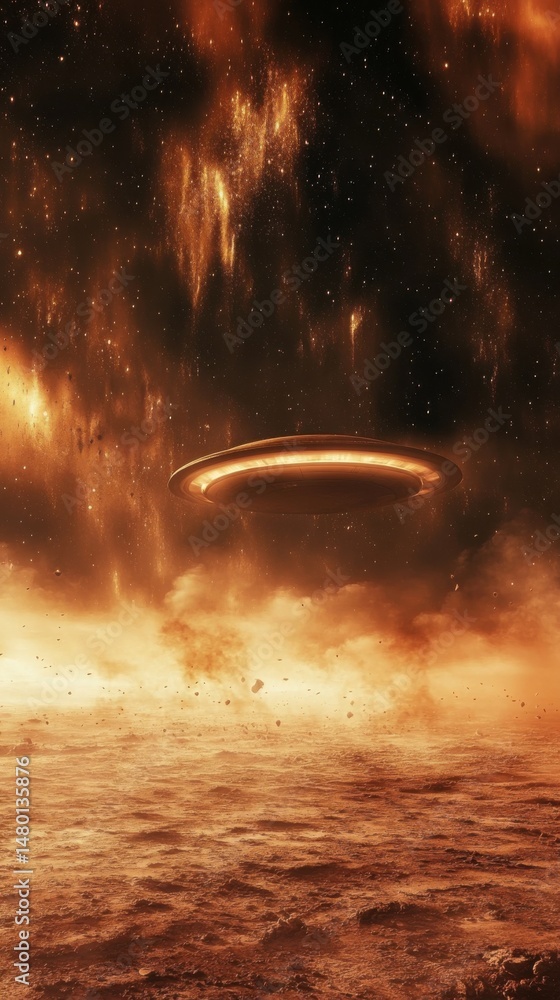Poster ufo hovering over mars surface with dust storms and distant stars in a science fiction concept art s