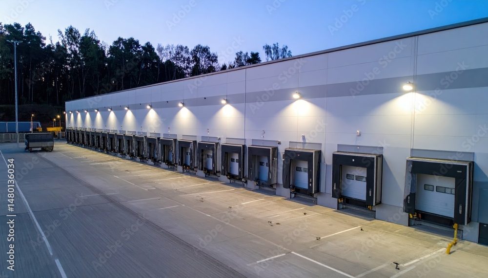Poster warehouse loading dock area with multiple openings at twilight
