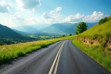 Naklejka premium Asphalt cycling road winding through scenic countryside , bend, vibrant