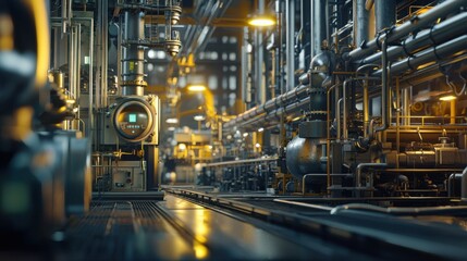 Industrial Pipe System with Machinery and Lighting in Factory Setting