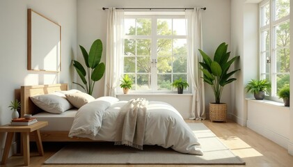 Bright airy bedroom with plants and natural light, vitality, nature, space