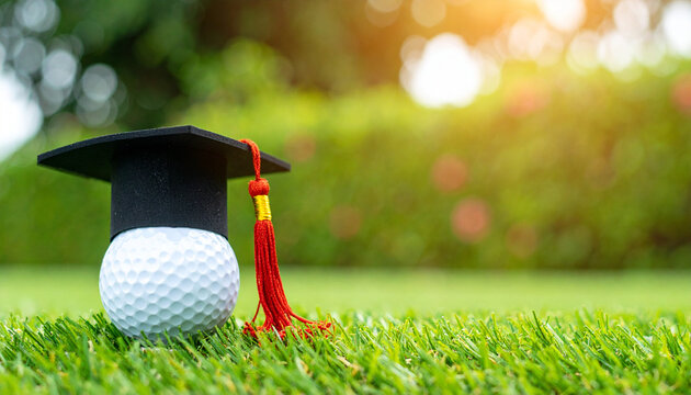 A golf ball proudly dons a graduation cap, representing education, and accomplishment in sports