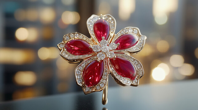 Close-up of a red bauhinia brooch on silk, golden light on petals, festive city backdrop - celebrating Hong Kong's establishment day with elegance.
