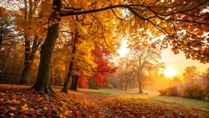 Fototapeta premium Autumn Forest Landscape with Falling Leaves and Sunlight – EPS Background Illustration