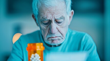 An elderly man looks down thoughtfully at a bottle of medication, appearing concerned or reflective in a blue-toned room.