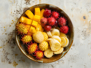 Assorted tropical fruits in ceramic bowl including rambutan and banana