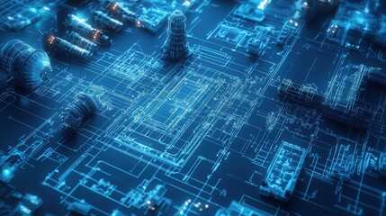 Obraz premium Futuristic Blueprint of Electronic Circuit in Neon Lighting Effect