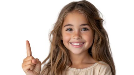 Happy girl pointing up with closeup.