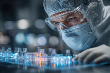 Technician in protective gear inspecting vials on illuminated surface for pharmaceutical manufacturing or scientific research