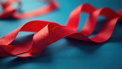 Close-up of several vibrant red ribbons, curled and intertwined , symbol, red background