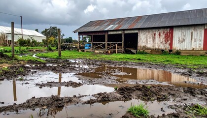 Rustic Barn in Agricultural Field Surrounded by Rainwater Puddles