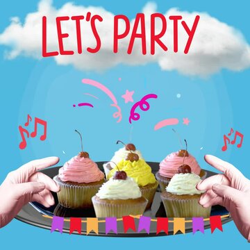 A video animation about a party featuring cute decorations with clouds and the text "Let's Party" in red letters, a blue background. There are cupcakes on a spinning plate, music, a hand in a glove