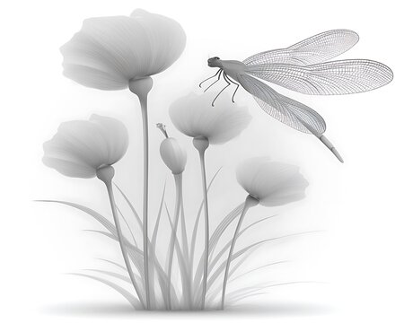 Delicate grayscale flowers and dragonfly