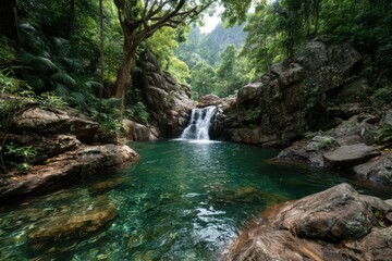 Fototapeta premium Tranquil waterfall cascade in lush jungle greenery, clear emerald pond, surrounding rocks, pristine nature view