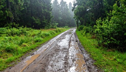 Naklejka premium Muddy Forest Pathway Through Lush Green Foliage in Misty Weather