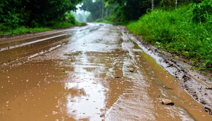 Rain-soaked Country Road Surrounded by Lush Green Nature