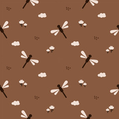 Dragonfly cartoon so cute. On flower cloud brown background. Pattern seamless vector illustration. 