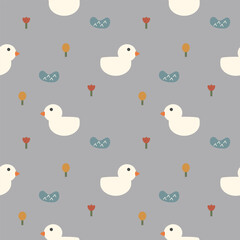 Duck white cartoon so cute. On flower swamp gray background. Pattern seamless vector illustration. 