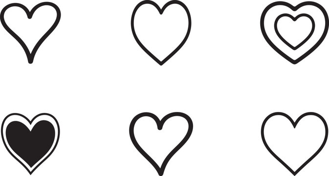 Collection of hand drawn heart shaped illustrations in simple outlines and filled shapes