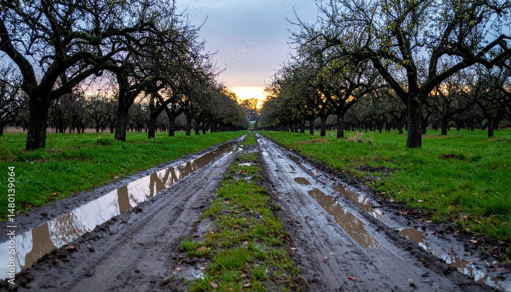 Poster muddy path through orchard at sunset with reflection in puddles