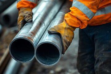 Construction Worker Holding Large Metal Pipes