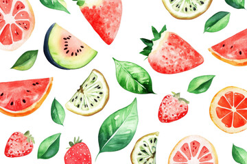 Fototapeta premium Watercolor seamless of strawberry, kiwi, grapefruit and citrus fruit with leaves isolated on transparent background
