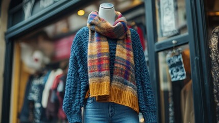 Stylish mannequin display of cozy knitwear in a boutique window