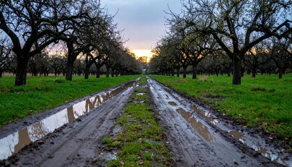 Muddy Path Through Orchard at Sunset with Reflection in Puddles