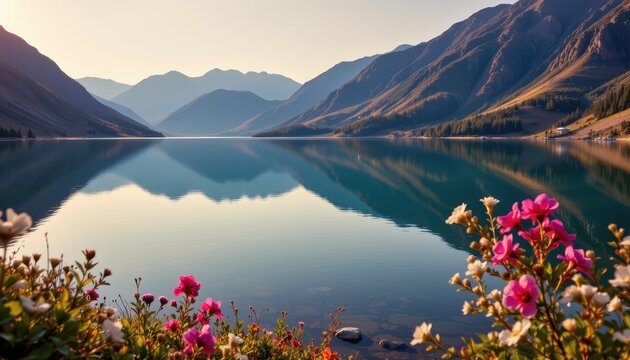 misty dreamlike landscape of a serene lake surrounded by pastel colored mountains under soft light conveying tranquility for meditation visuals and peaceful travel advertisements