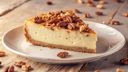 A single slice of pecan cheesecake sits on a white plate, ready to be devoured, on a wooden table, with pecan halves scattered around.
