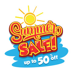 Hot summer sale sticker. Text label with sun, sea or sky symbol, business seasonal discount shopping template. Editable vector on transparent background