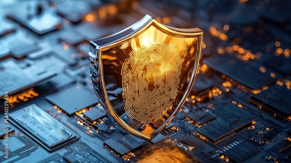 Poster high-tech background with fingerprint scan overlay and digital shield