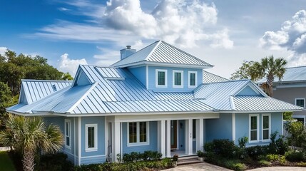 Light Blue House with Metal Roof and White Trim