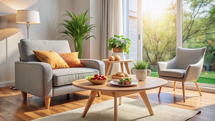 Modern Living Room Coffee Table Armchair Food Photography Stock Photo