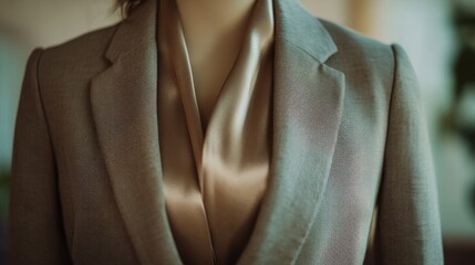 Elegant professional attire displaying a taupe blazer and silk blouse