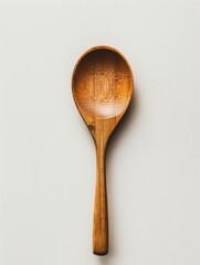 A single wooden spoon, natural grain texture, placed flat on white background, top-down view, soft diffused shadows, minimal and clean, high-detail 