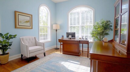 Home office with pale blue-white walls, providing a clean, calm space for focus and relaxation