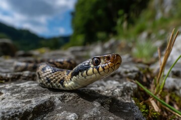 Fototapeta premium Smooth Snake Close-Up Resting on Gray Stone Outcrop in Natural Setting with Blurred Green Forest Backdrop