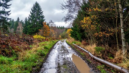 Fototapeta premium Scenic Autumn Pathway Through Muddy Forest Landscape with Trees